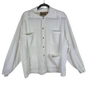 e.c.c White 100% Natural Cotton Embroidered‎ Pleated Collared Button Up Shirt L